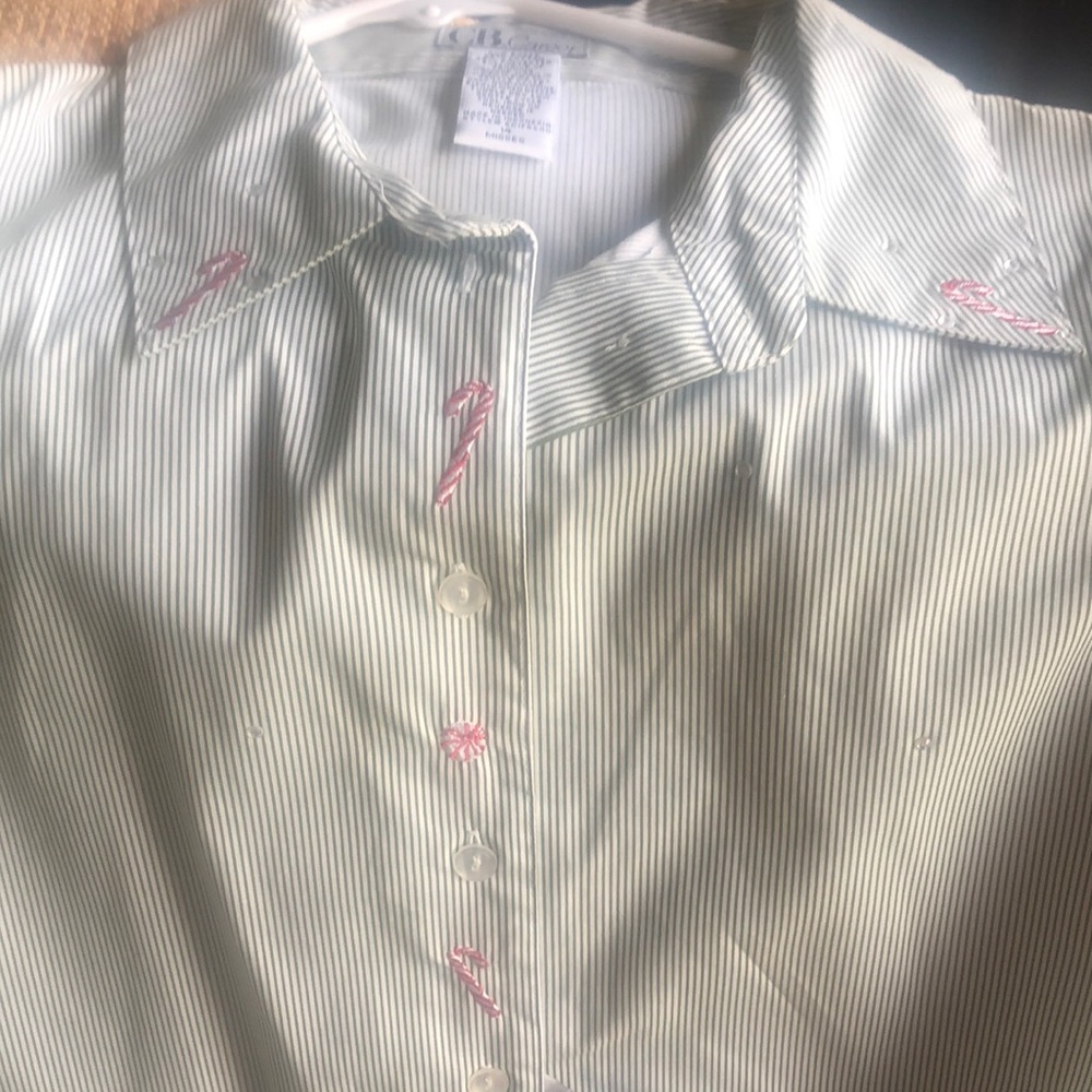 CB Career Holiday themed blouse with candy canes and sequined embellishments ❤️